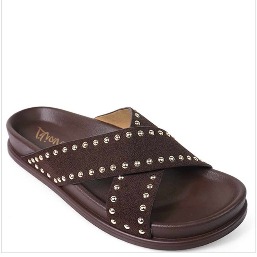 Brown Studded Crisscross Slide Sandals - Unbranded